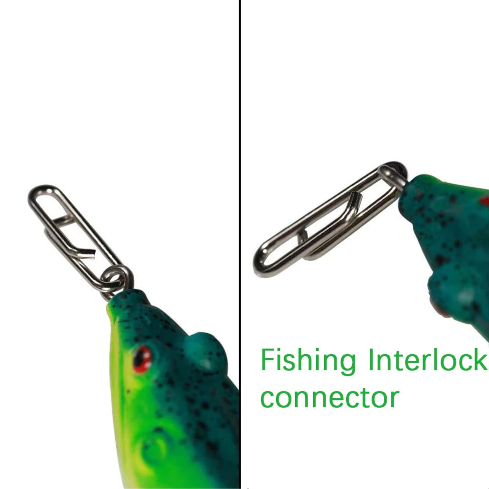 Fishing lure snap interlock connector attached to lure eye