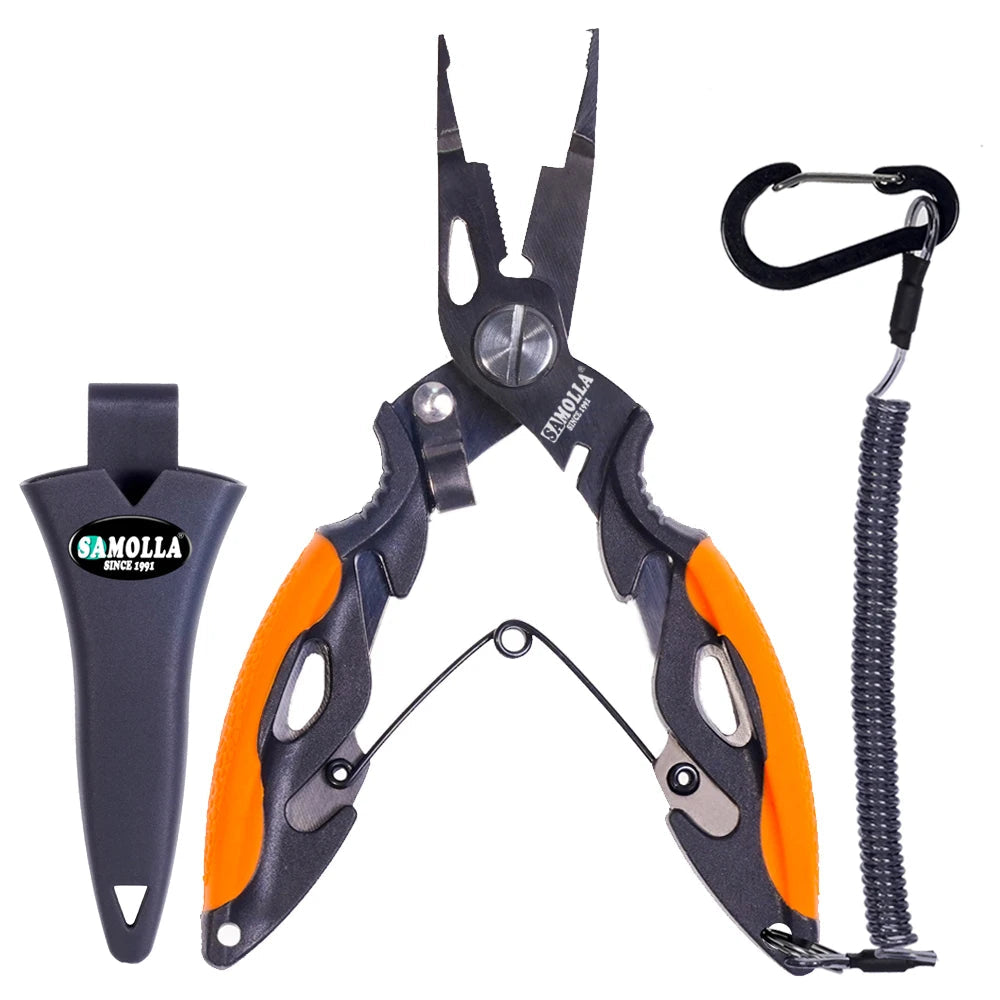 Fishing pliers with line cutter sheath and coiled lanyard