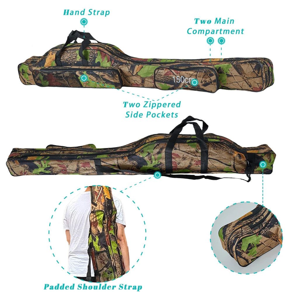 Fishing rod bag shown flat with compartments, straps, and pockets