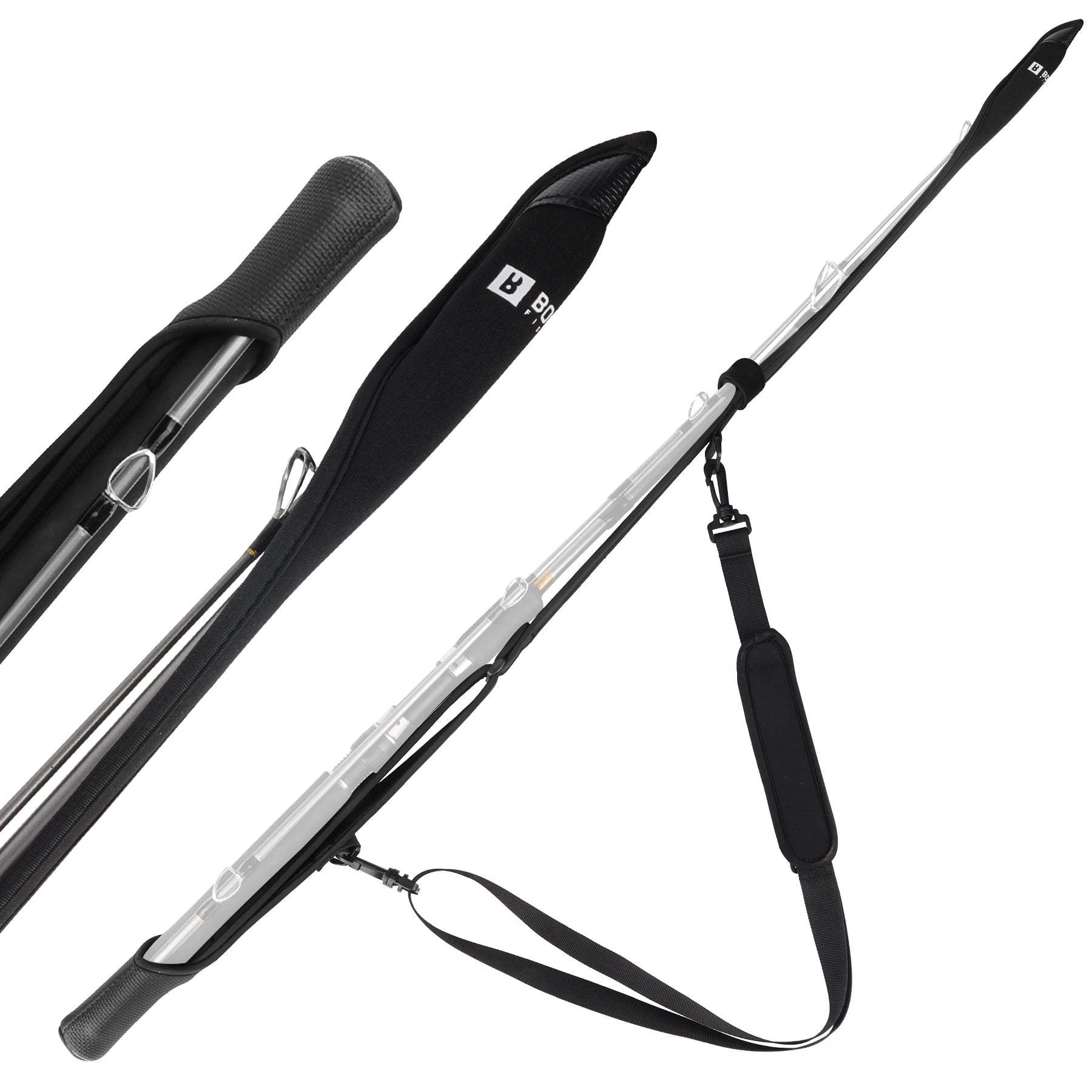 Fishing rod sheath with adjustable shoulder strap attached