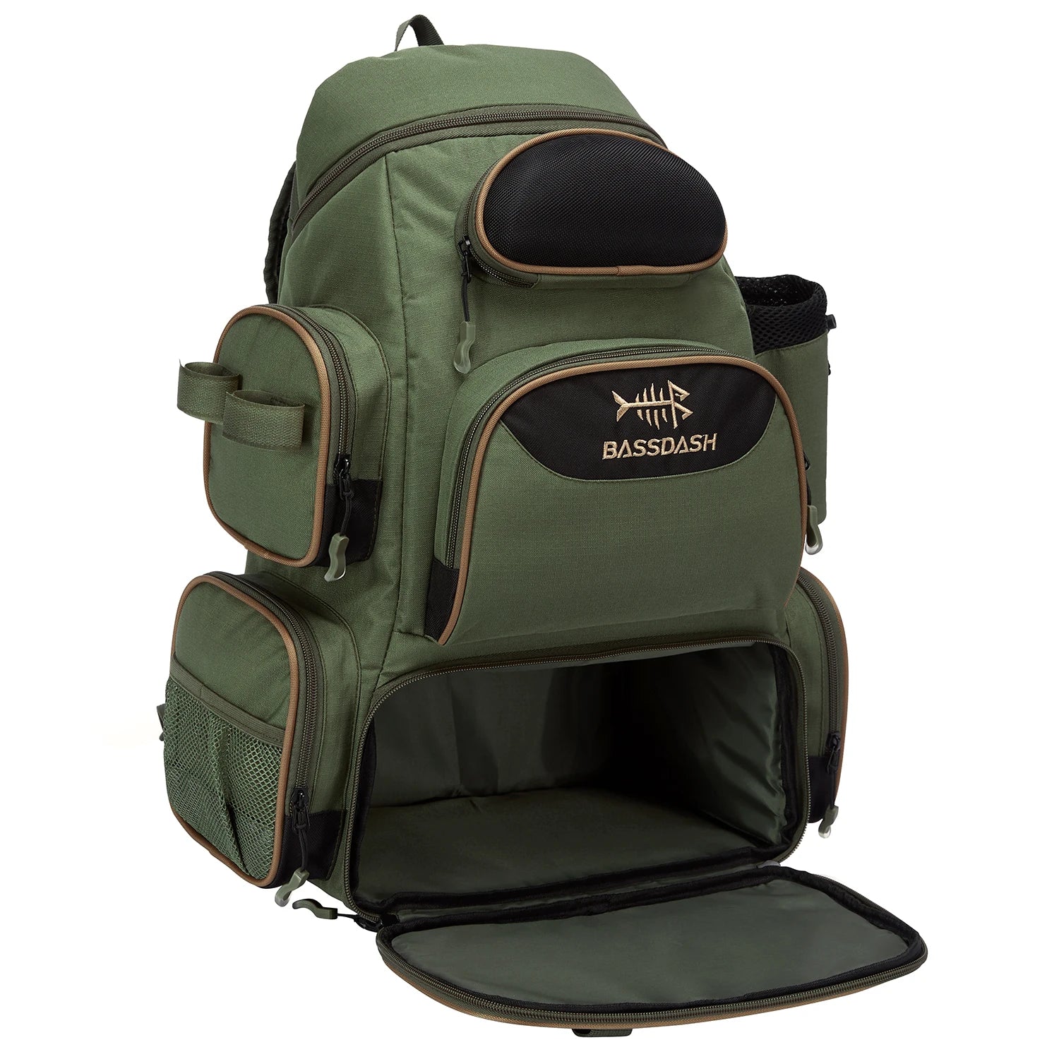 Green fishing tackle backpack with lower tray open