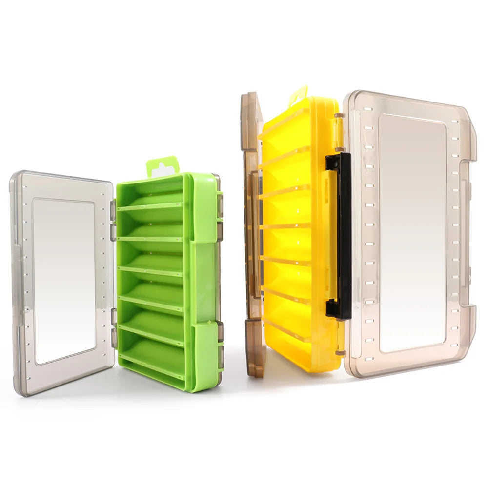 Double-sided fishing tackle box in green and yellow with secure latches and multiple compartments for lures