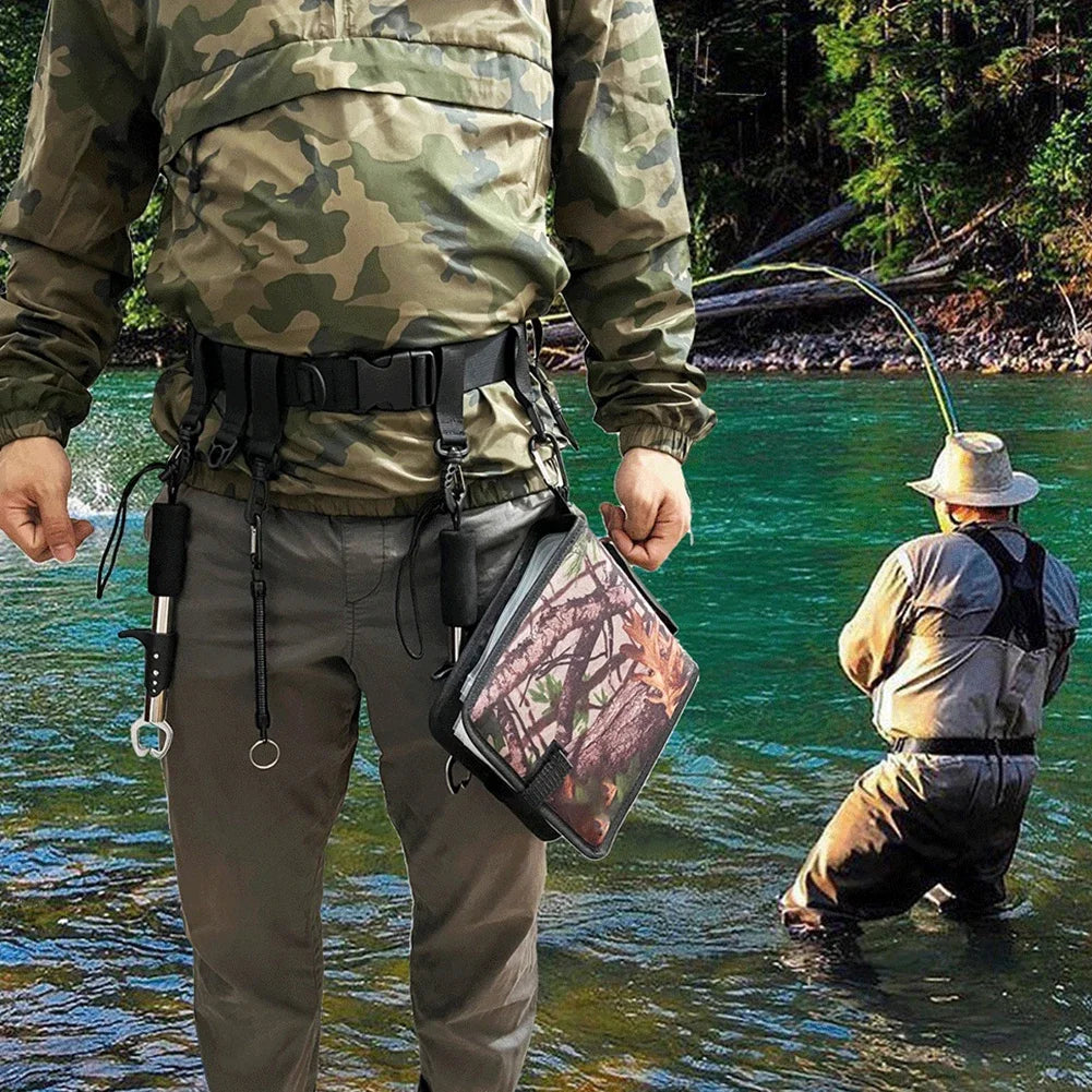 Angler using adjustable nylon fishing wader belt while wading in river with gear attached