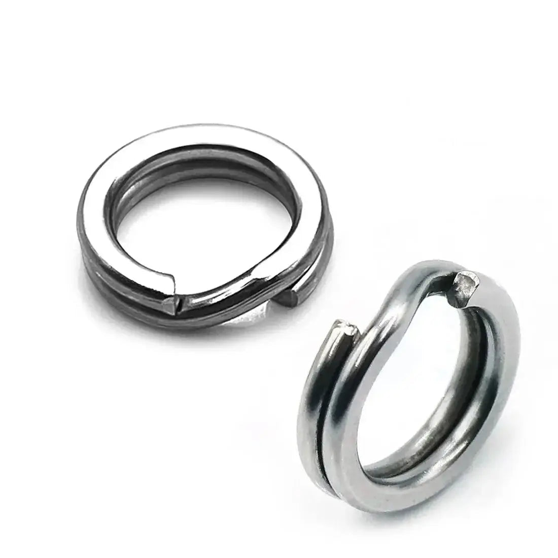 Flattened stainless steel split rings for fishing lure connections