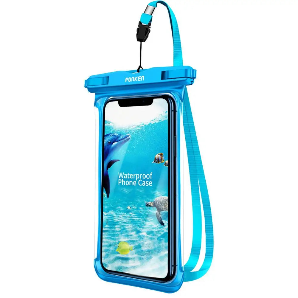 Blue floating waterproof phone pouch with lanyard