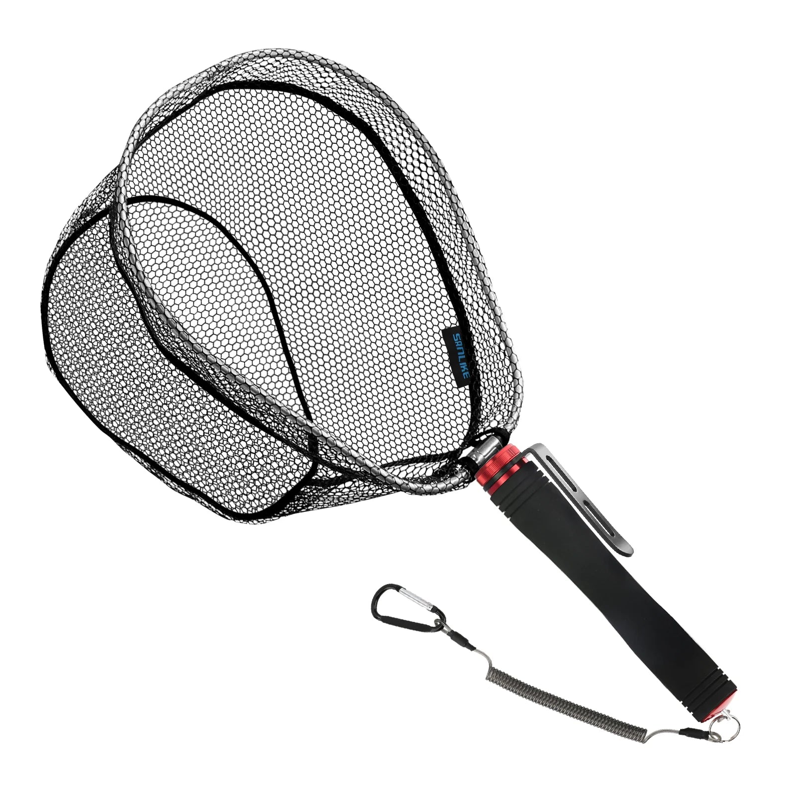 Foldable landing net with EVA handle and aluminium frame on white background