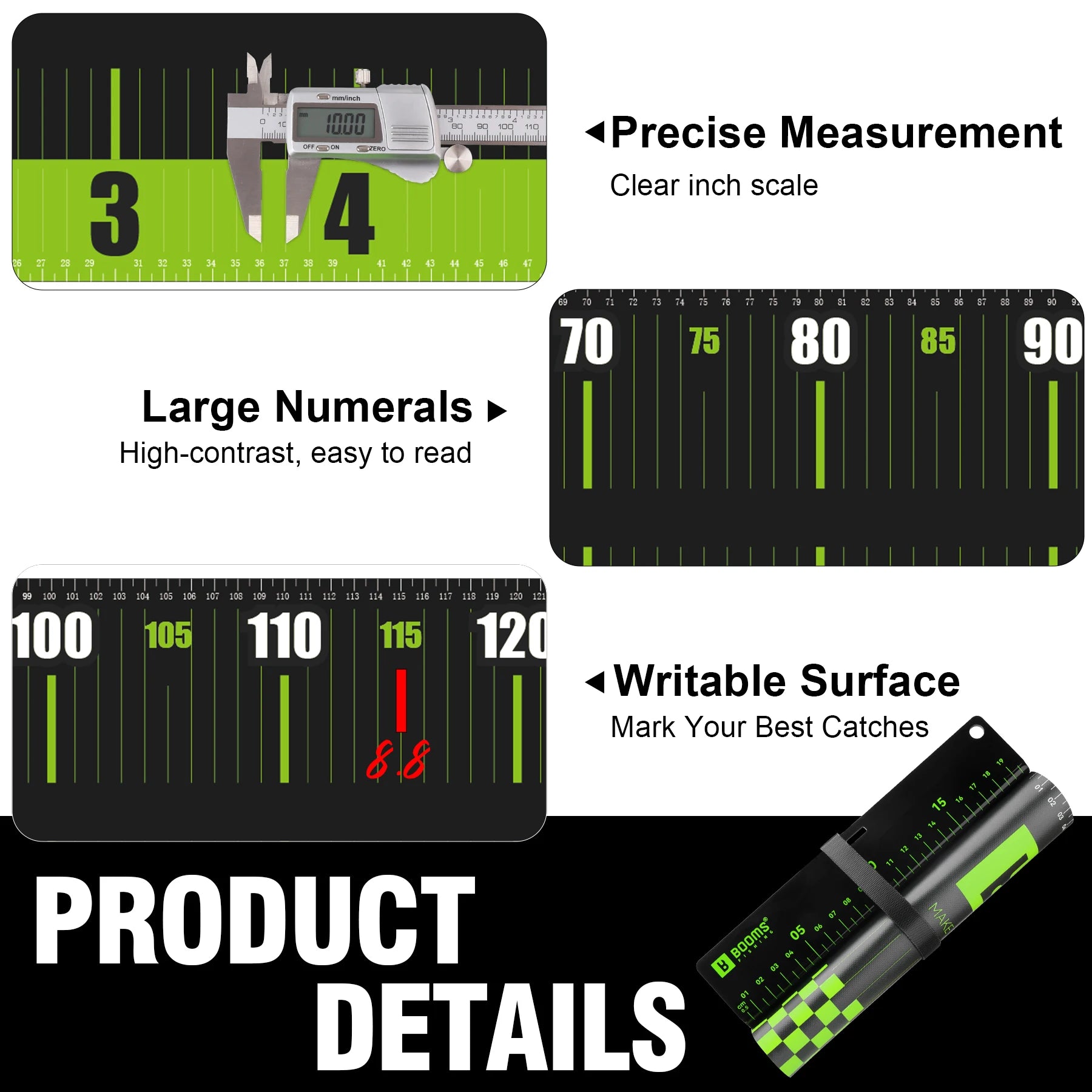 Close-up of folding waterproof fish measuring ruler showing raised stop board and printed scale