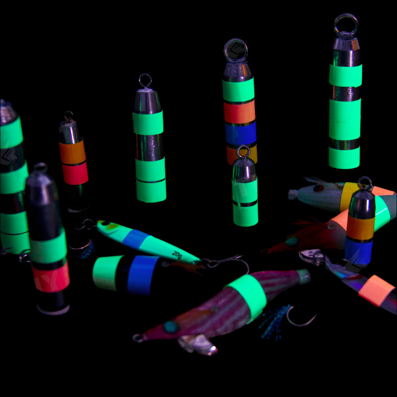 Luminous fishing tape applied to squid jigs and rod handles for night fishing visibility