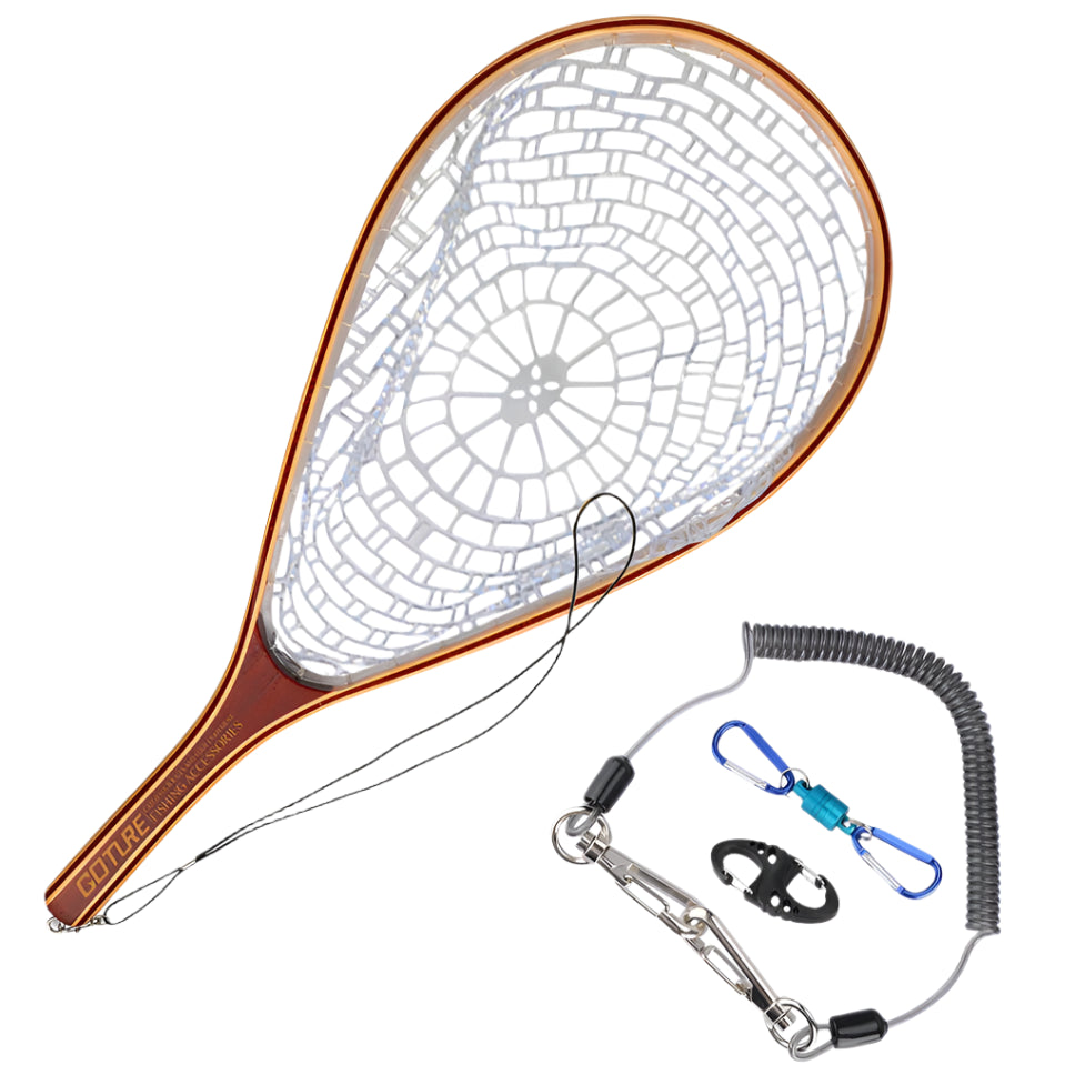 GOTURE fly fishing landing net with soft PVC mesh and wooden frame