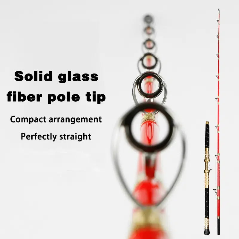 Close-up of GOTURE trolling rod solid glass fibre tip showing compact guide alignment and durable finish