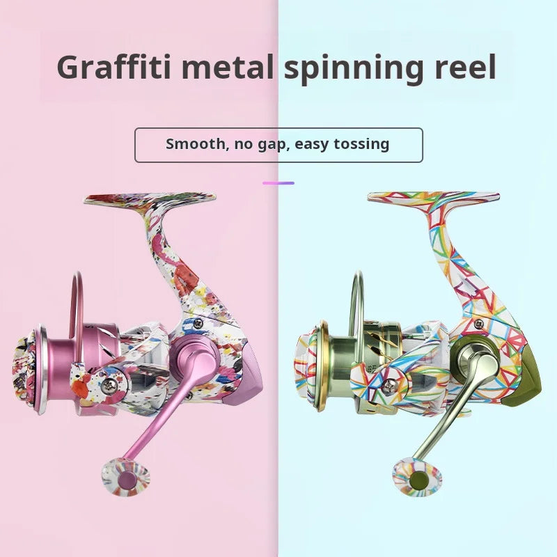 Dual display of pink and green TLA metal spinning reels showing graffiti-style finish