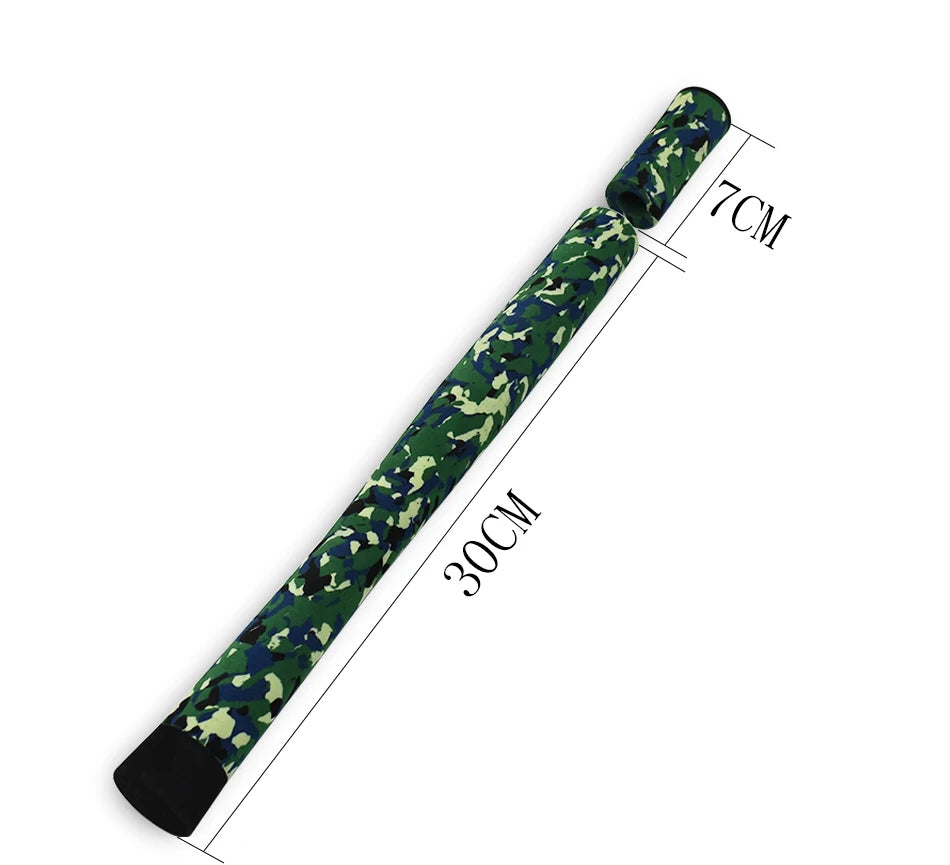 Green camouflage EVA rod handle showing ergonomic grip and lightweight shock-absorbing texture