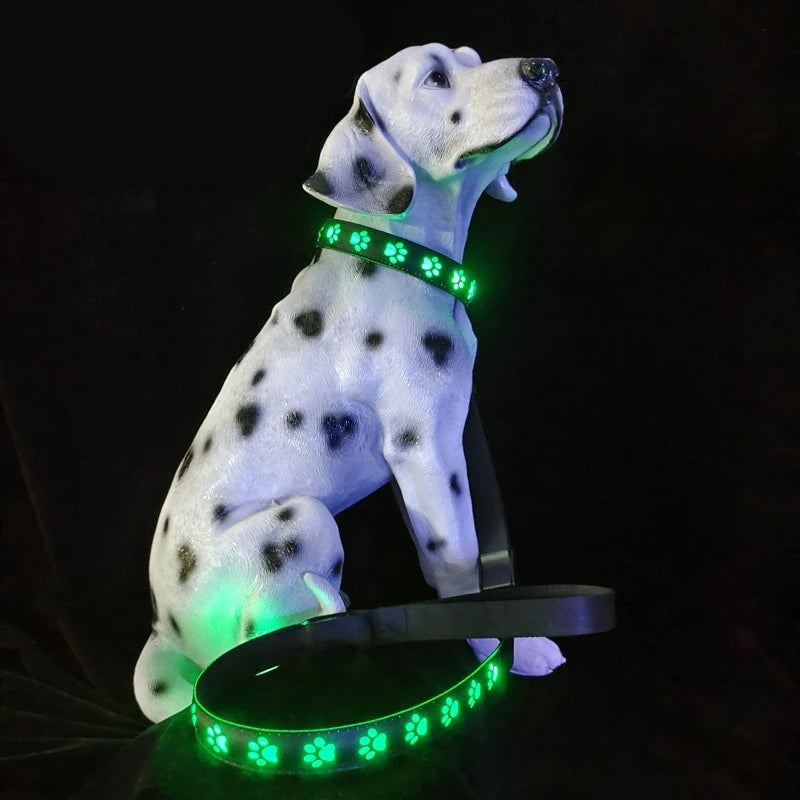 Dalmatian toy wearing green LED collar and matching leash