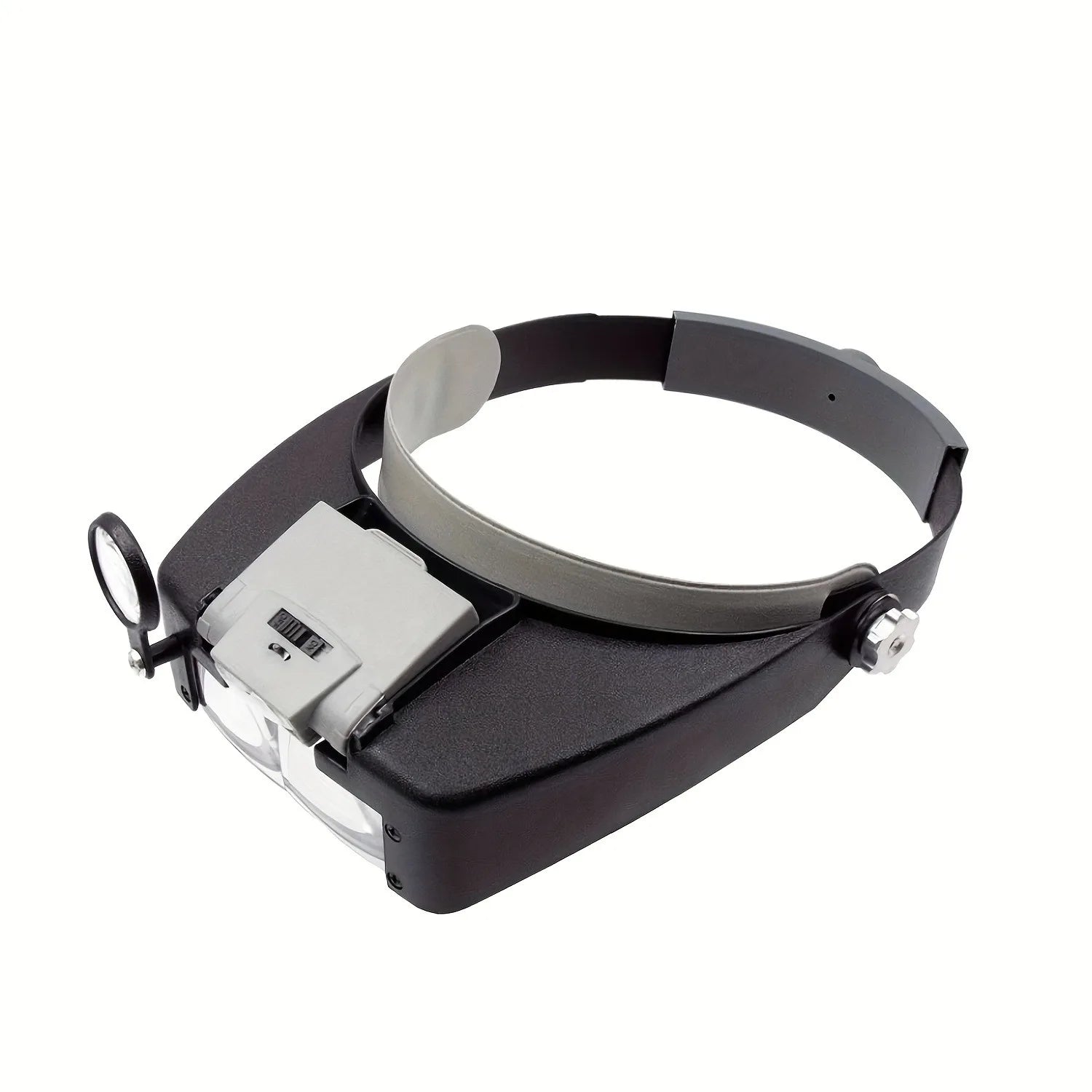 Headband magnifier side view showing adjustable strap and lens housing