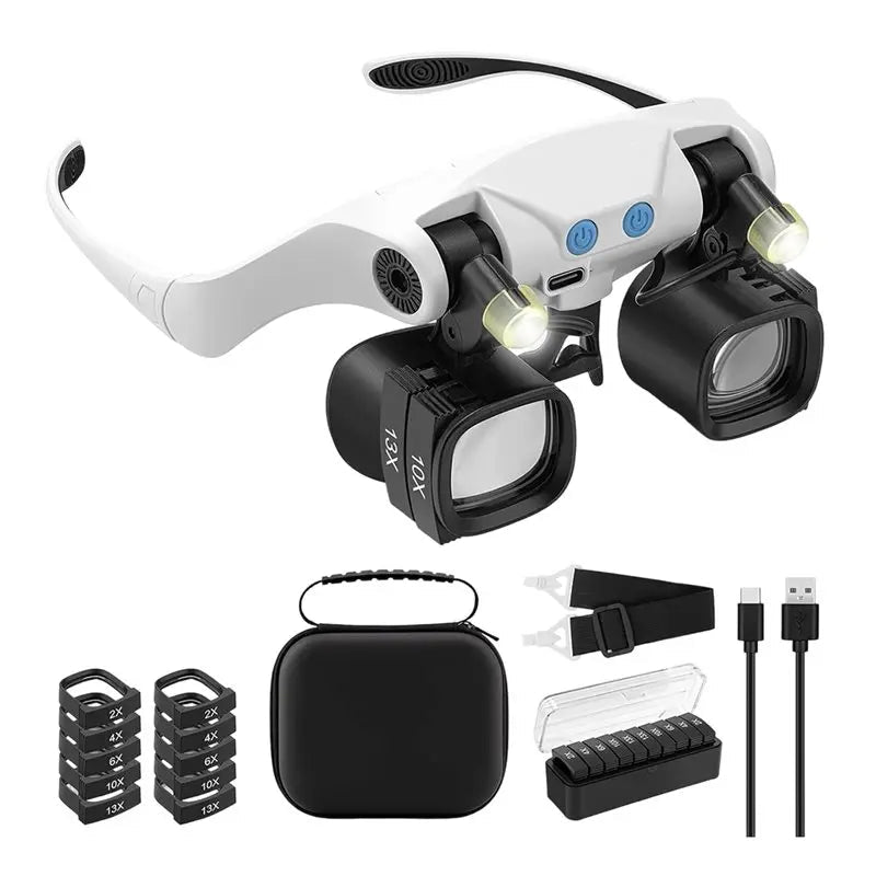 Headband magnifier with LED lights and interchangeable lenses laid out