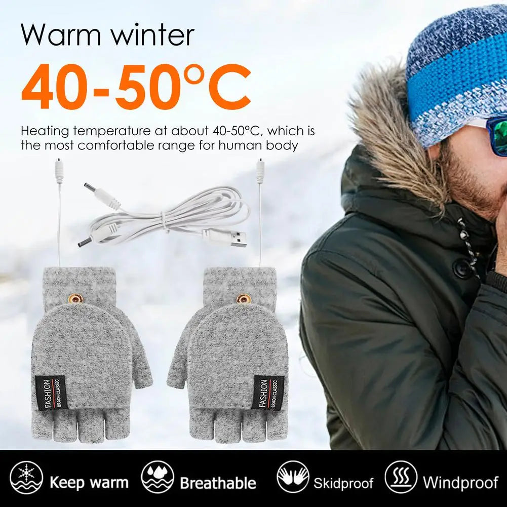 Grey heated half finger winter gloves with USB cable