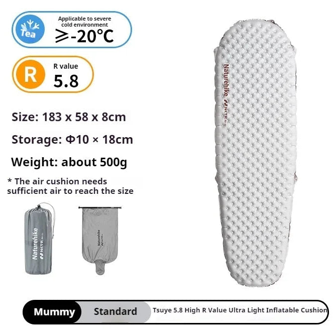 Mummy inflatable camping mat size and specifications card