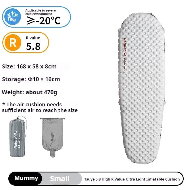 Square inflatable camping mat size and specifications card