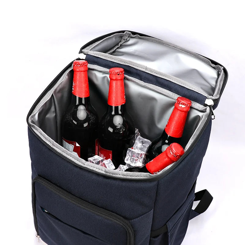 Insulated cooler backpack open with bottles inside