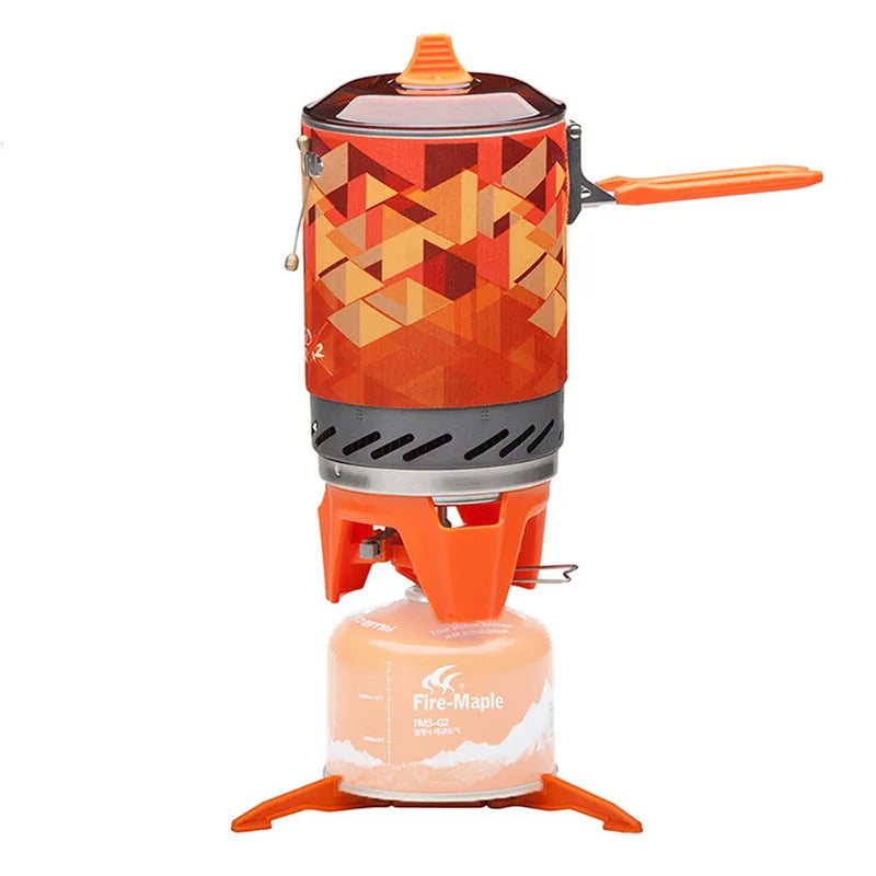 Orange integrated camping stove system on gas canister
