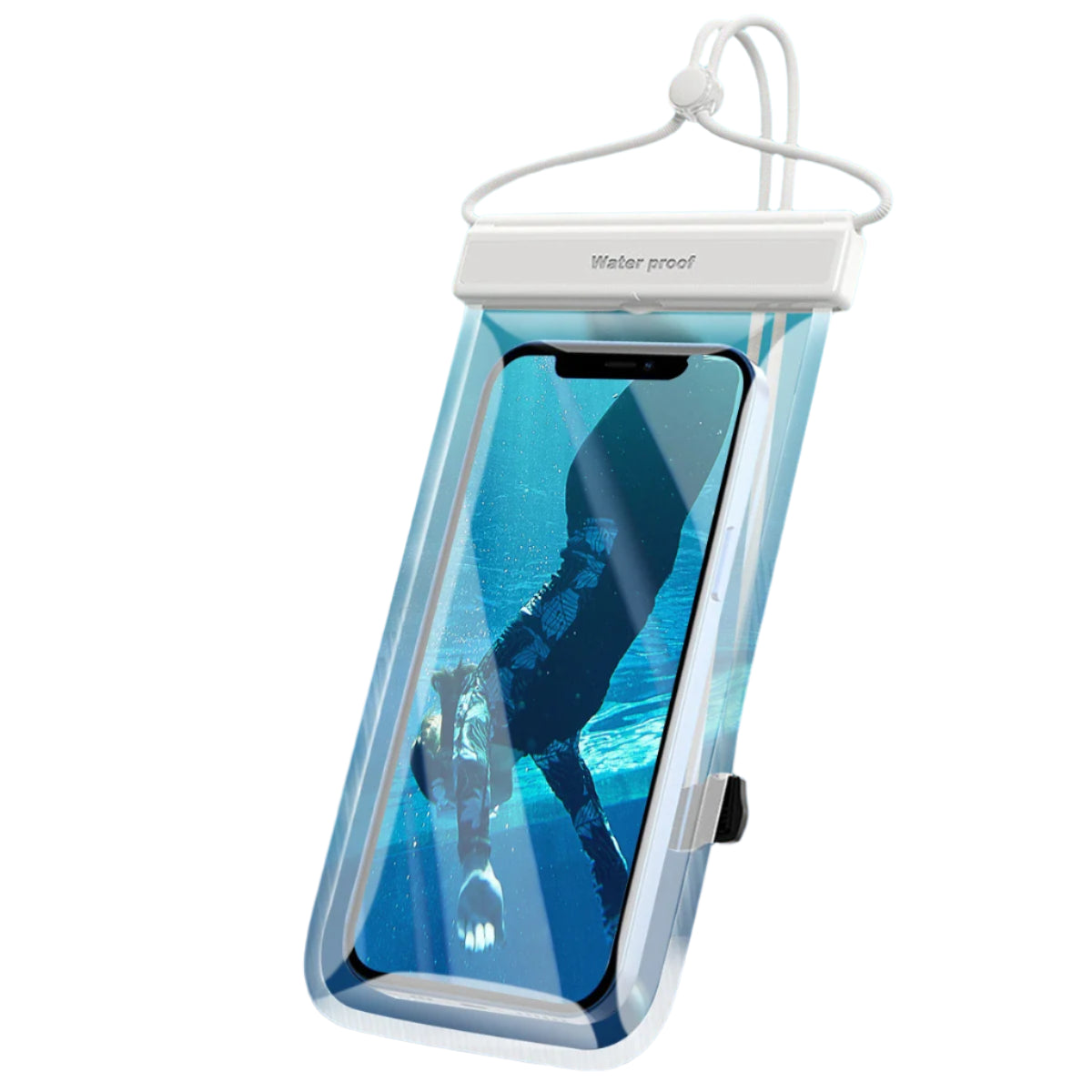 Clear IPX8 waterproof phone pouch with white seal