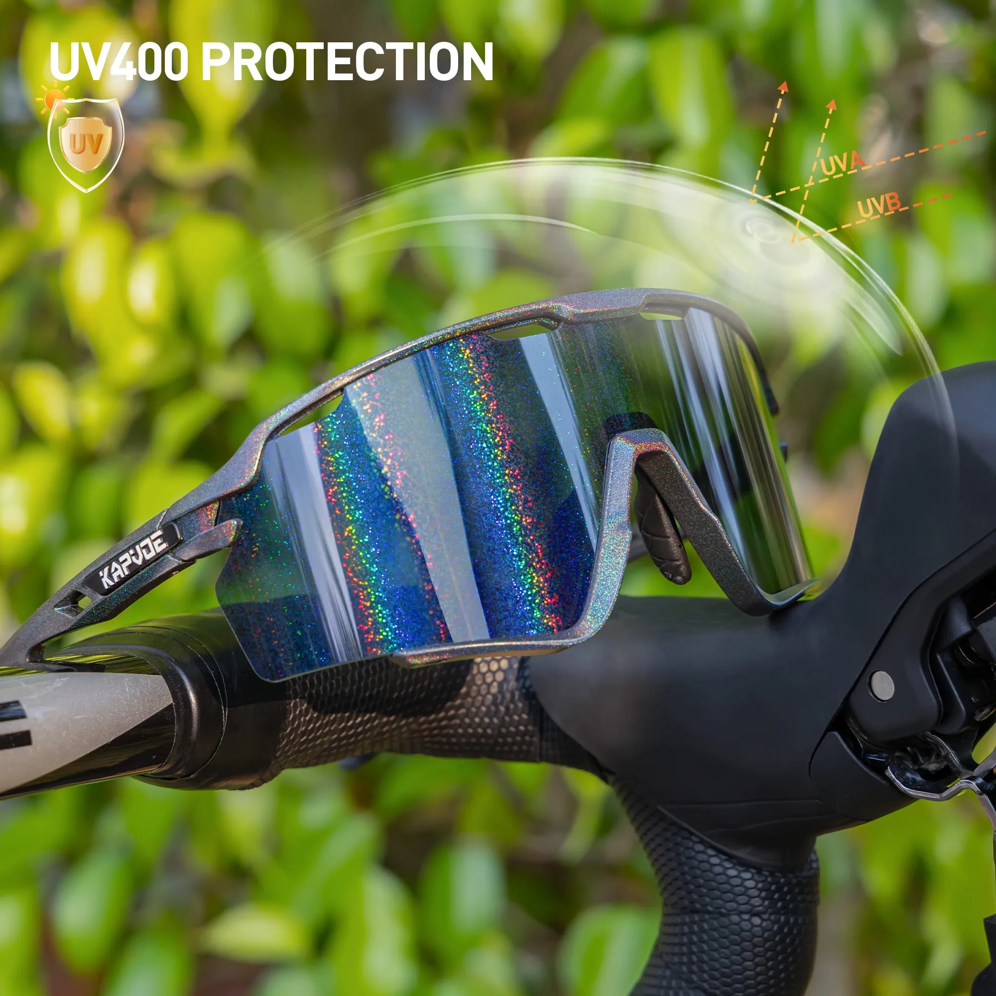 KAPVOE nano-tech cycling sunglasses showing reflective rainbow lens and outdoor glare reduction