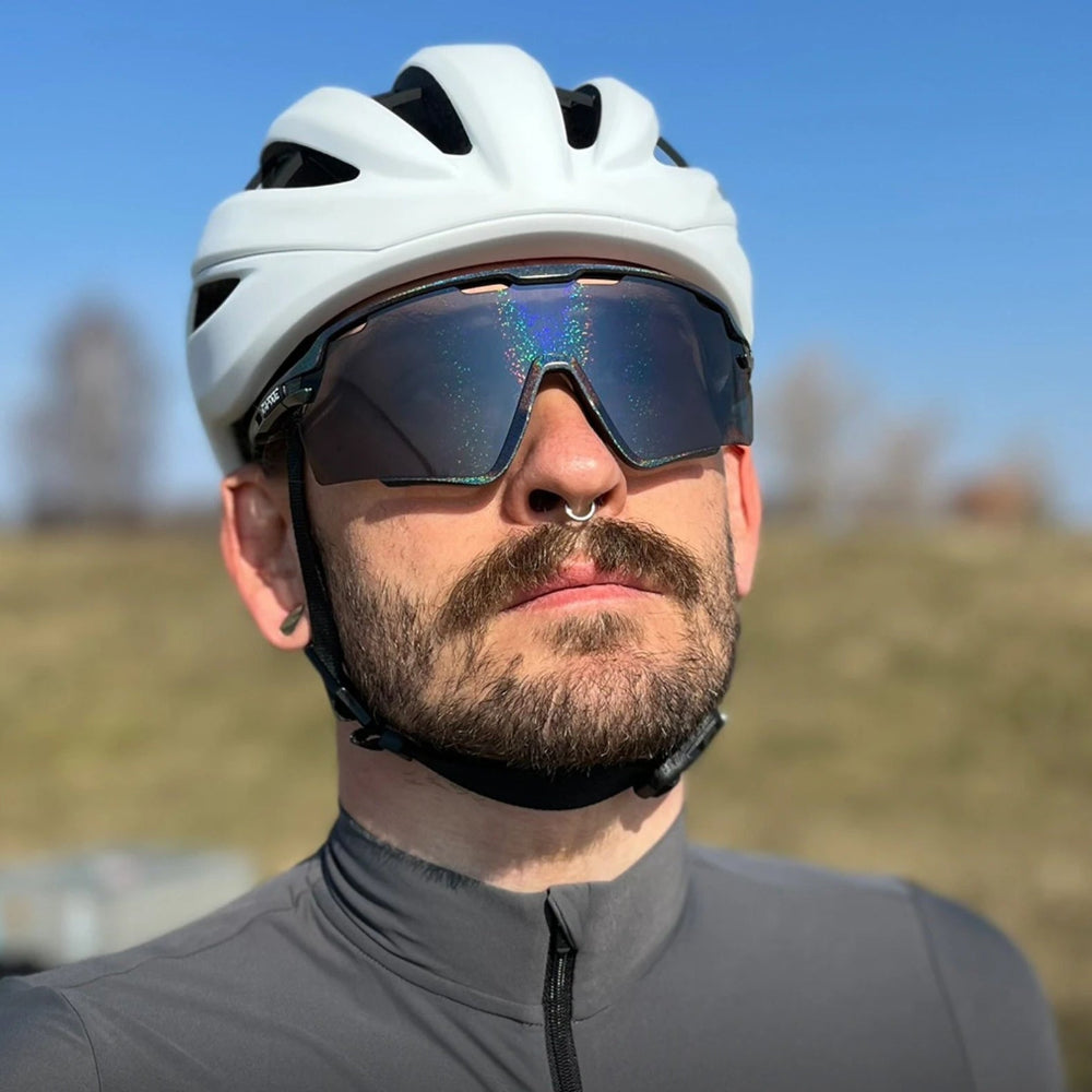 KAPVOE K159-GFW cycling sunglasses worn by cyclist featuring full-wrap protection and clarity