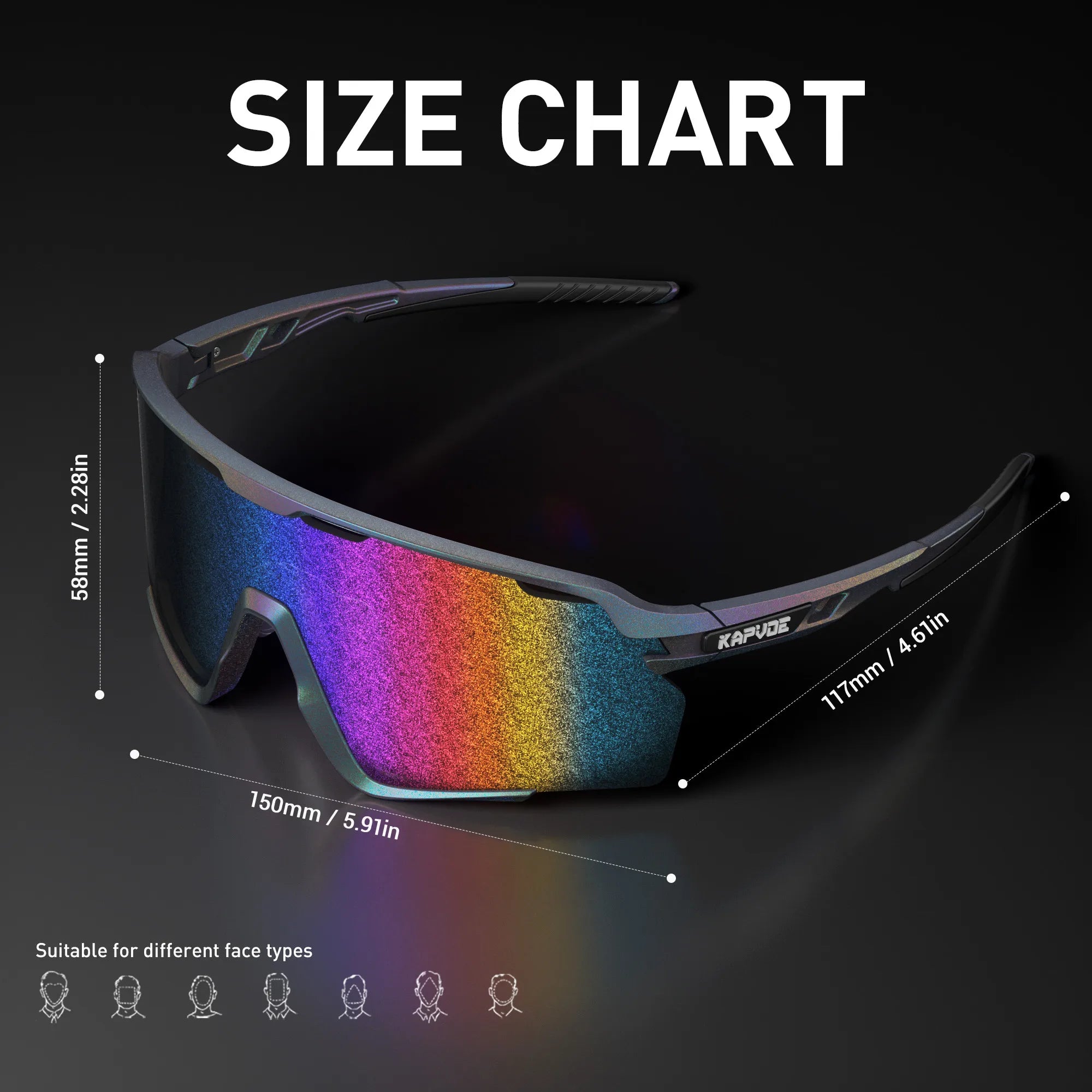 KAPVOE nano-tech performance sunglasses size chart with lens dimensions and frame width