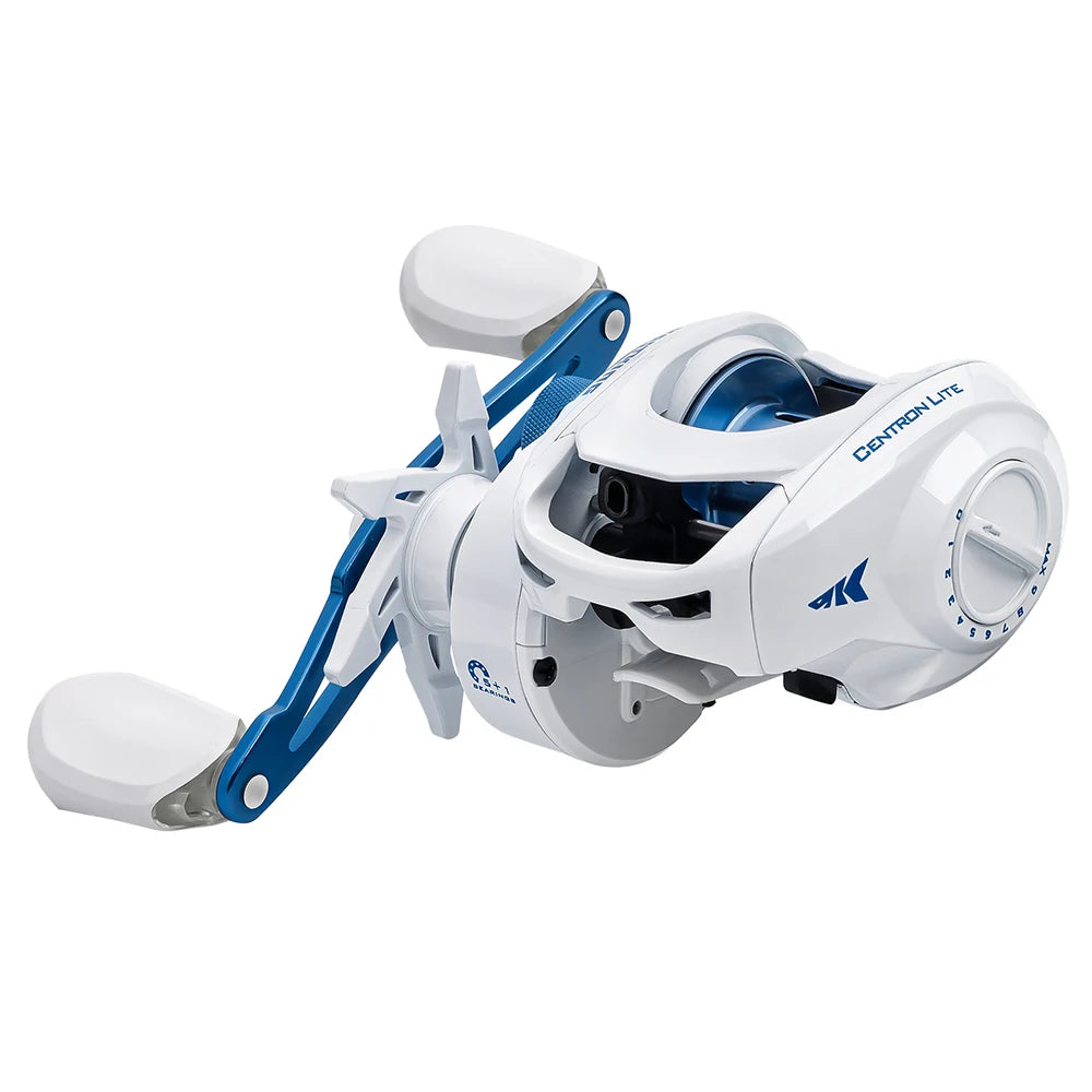 White and blue KASTKING Centron Lite baitcasting reel featuring lightweight frame and smooth performance for freshwater or coastal fishing