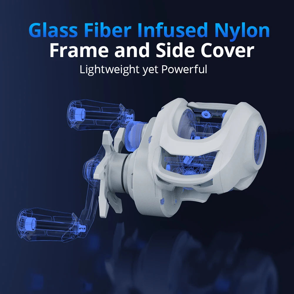 Close-up of KASTKING Centron Lite showing fibreglass-infused nylon frame and side cover for durable, lightweight control