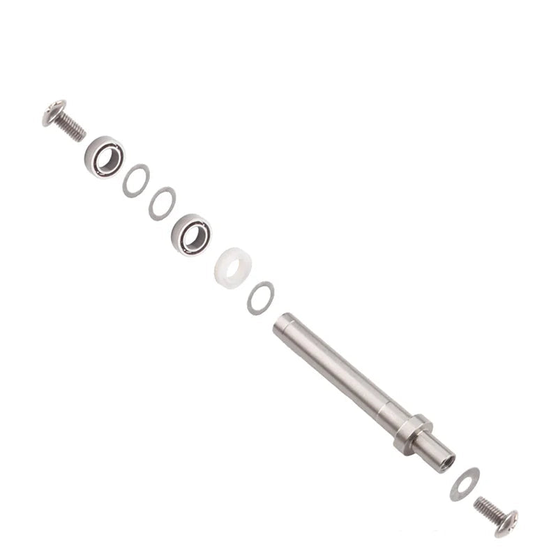KAWA aluminium reel handle shaft kit parts layout showing washers, bearings, and lightweight shaft components