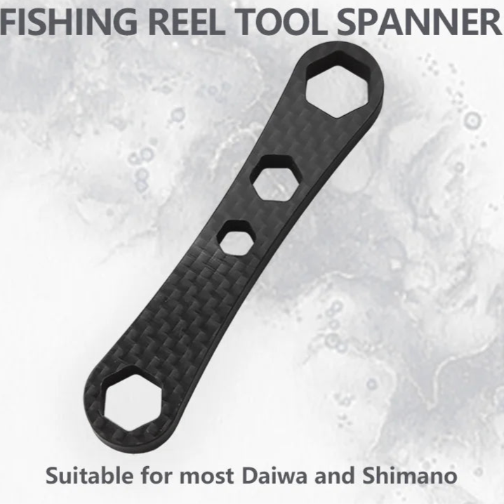 KAWA carbon fibre spanner for fishing reel maintenance and cap removal, compatible with SHIMANO and DAIWA reels