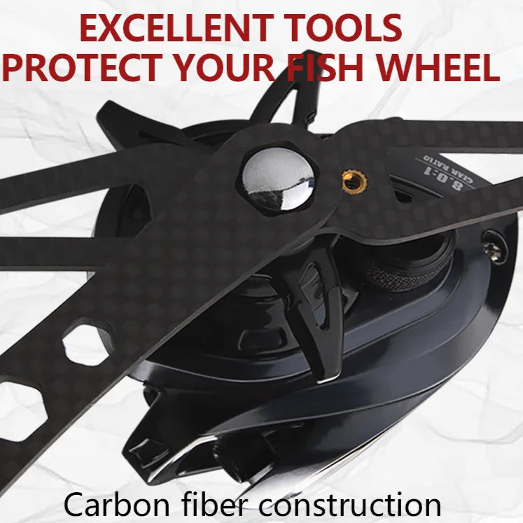 KAWA carbon fibre reel tool in use for screw and cap removal, perfect for baitcasting and spinning reels