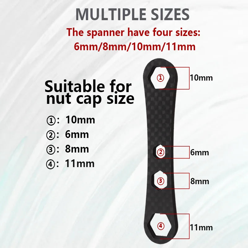 KAWA T01 spanner size chart showing compatibility for 6mm to 11mm reel caps and M7/M8 screws