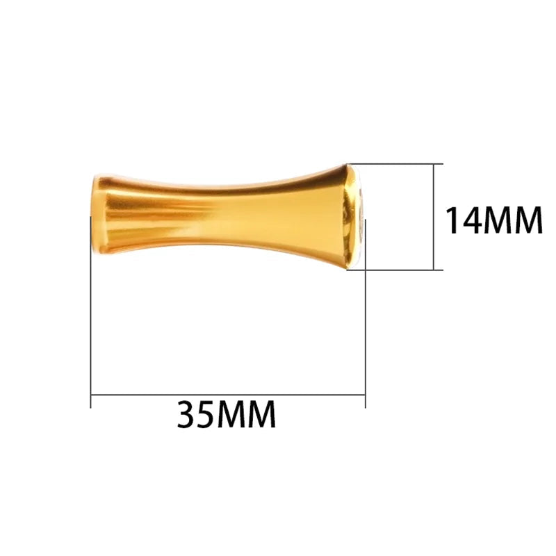 Gold KAWA Z01 aluminium reel knob with 35 mm length and 14 mm diameter showing accurate product dimensions