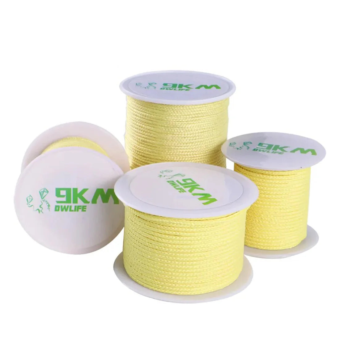 9KM DWLIFE Kevlar braided fishing line spools showing yellow high-strength cord