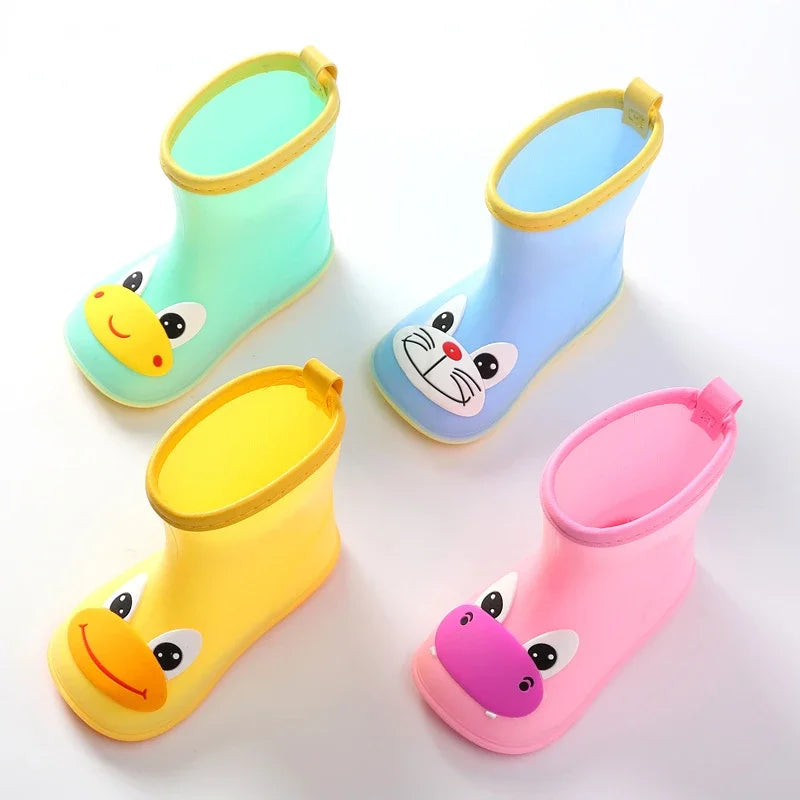 Kids waterproof cartoon gumboots with elastic drawstring collar