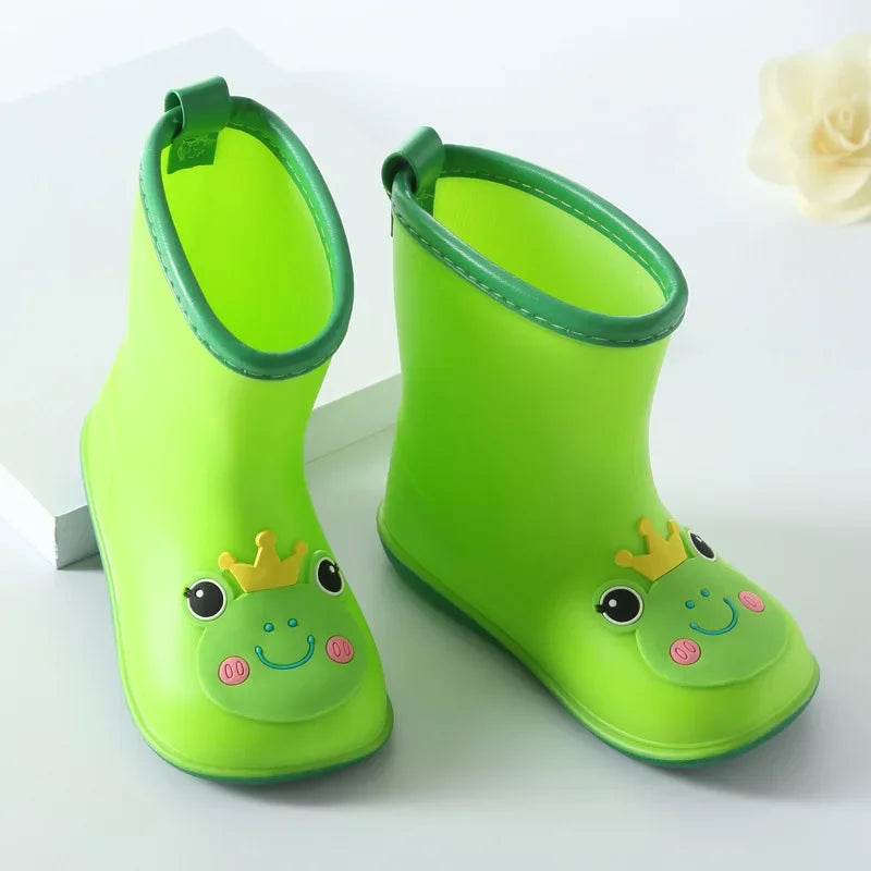 Green unlined cartoon animal gumboots for toddlers and young children
