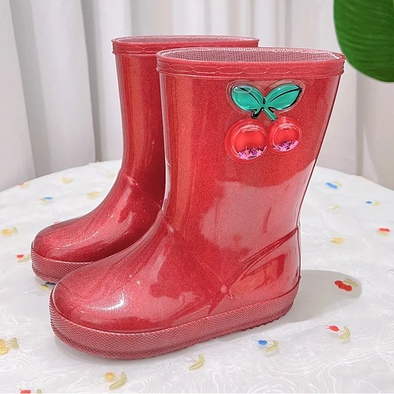 Red glitter ankle rain boots for kids with round toe design