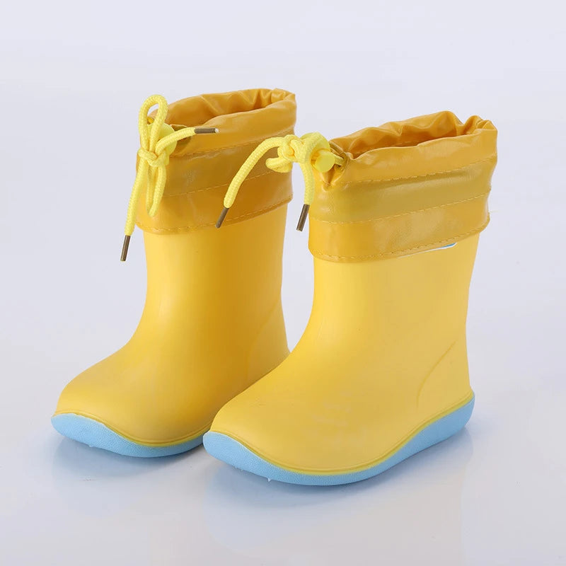Yellow kids mid calf rain gumboots with removable warm liner