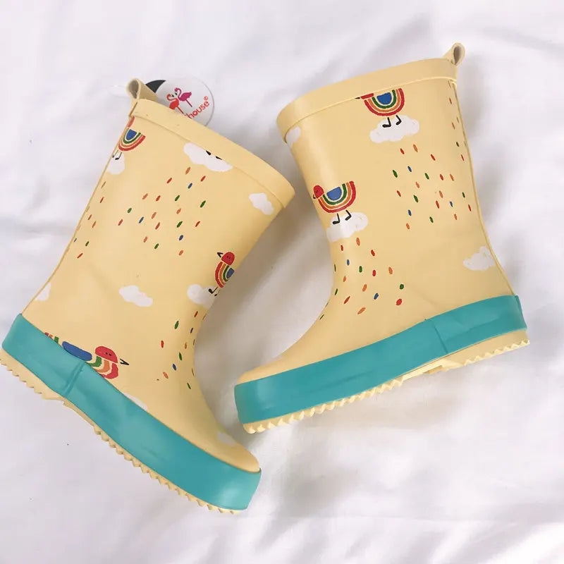 Yellow printed kids mid calf rain boots with cartoon pattern