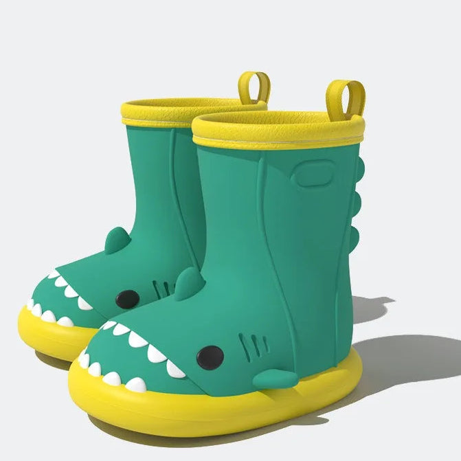 Green shark design kids gumboots with non-slip EVA sole