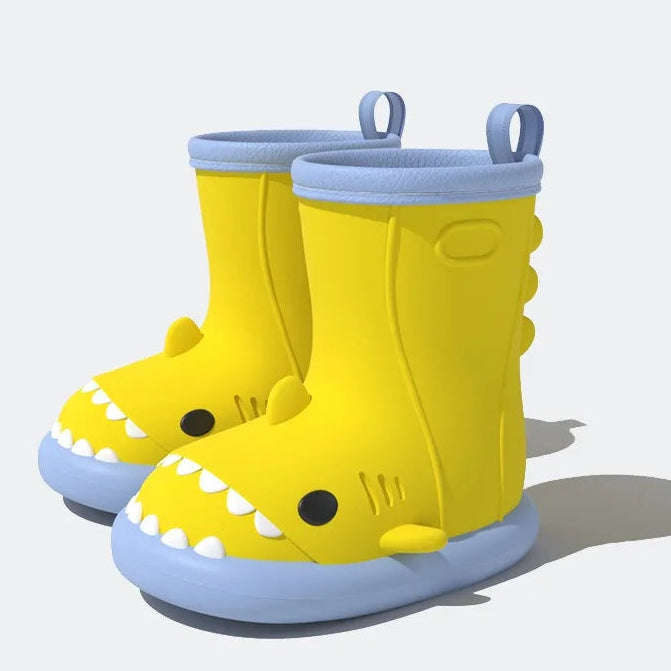 Yellow shark design kids waterproof gumboots for wet weather