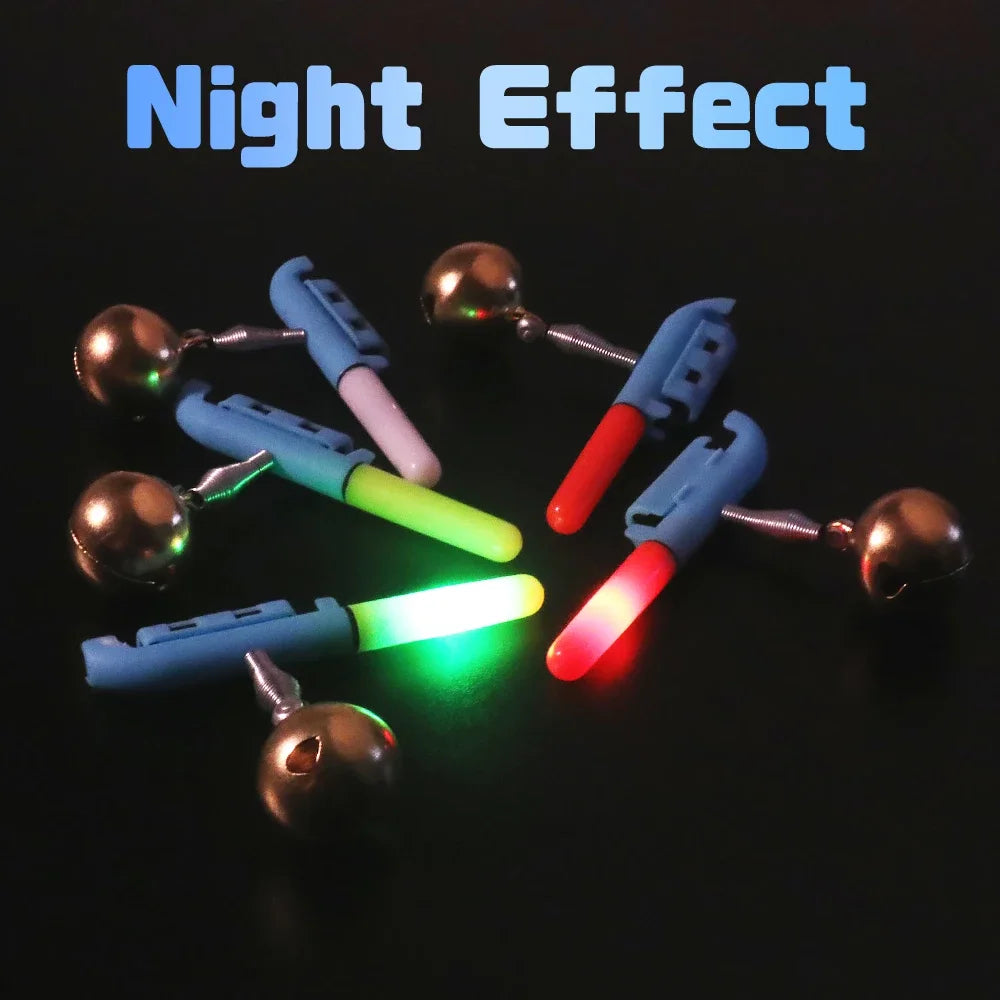 Glowing LED fishing bell lights showing bright night effect for bite detection during night fishing
