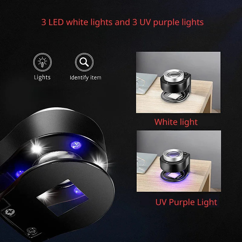 Dual-mode magnifier showing three white LEDs and three UV purple lights for close inspection work