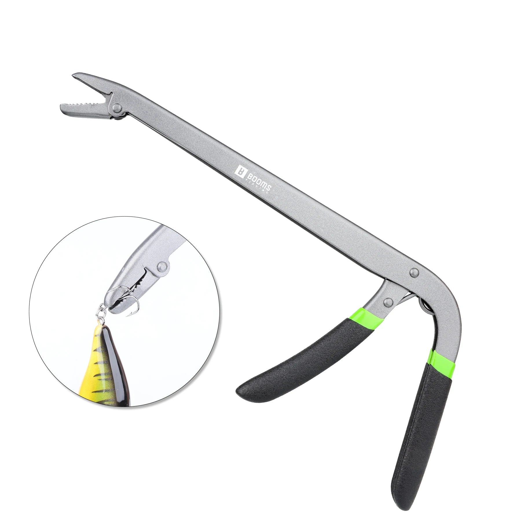 Long fish hook remover pliers with curved extractor jaws
