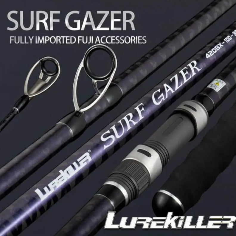 Close-up of LUREKILLER Surf Gazer carbon surfcasting rod showing Fuji KW guides, X-wrap blank, and reel seat details