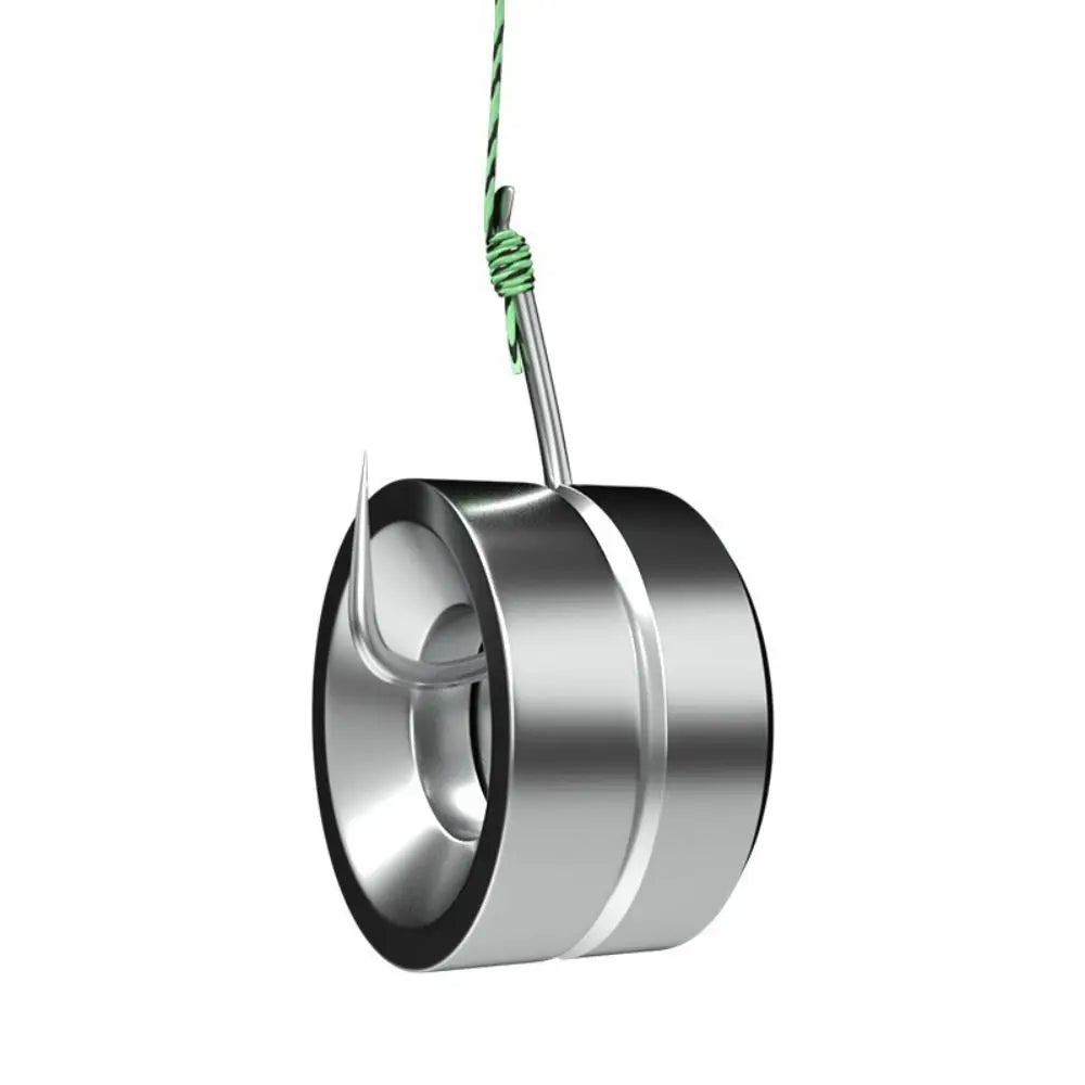 Magnetic stainless fishing connector attached to fishing line showing secure grooved design for quick tackle setup