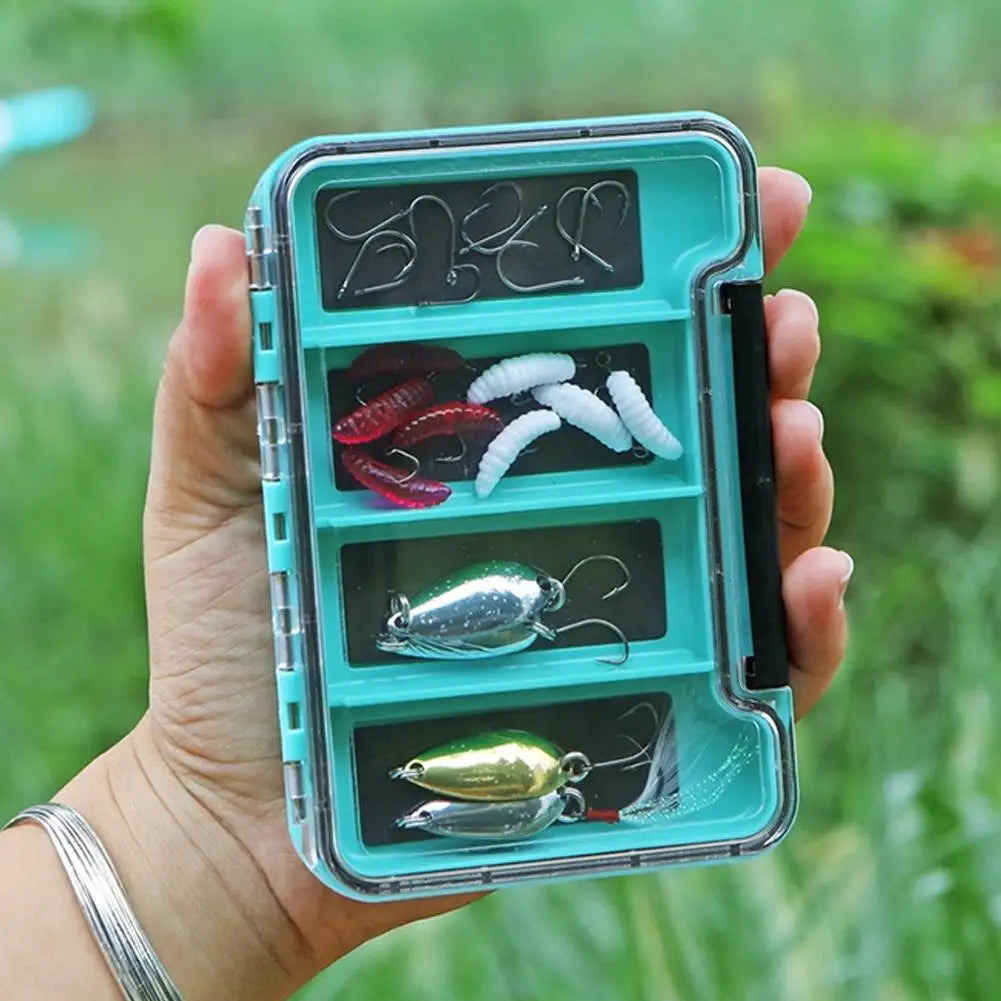 Magnetic lure organiser box with clear lid holding small fishing lures