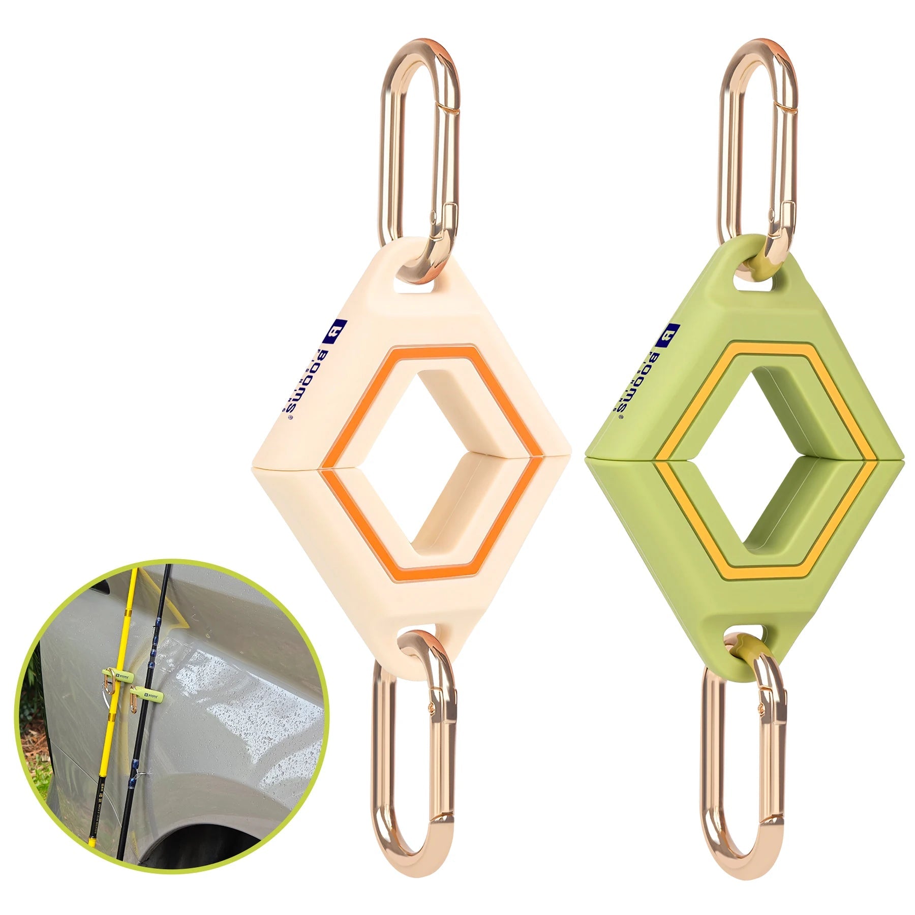Set of beige and green magnetic rod holder clips with carabiners for fishing rod support